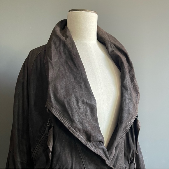 Vintage Lamb Leather Draped Jacket Belted Brown Cropped Moto Oversized Biker - Picture 2 of 10